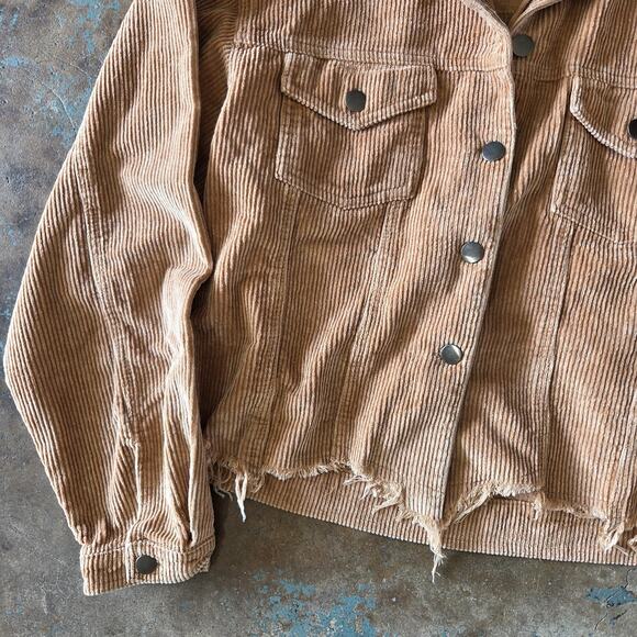 POL Cropped Corduroy Jacket Size S Tan Raw Hem Trucker Long Sleeve Festival - Picture 6 of 10